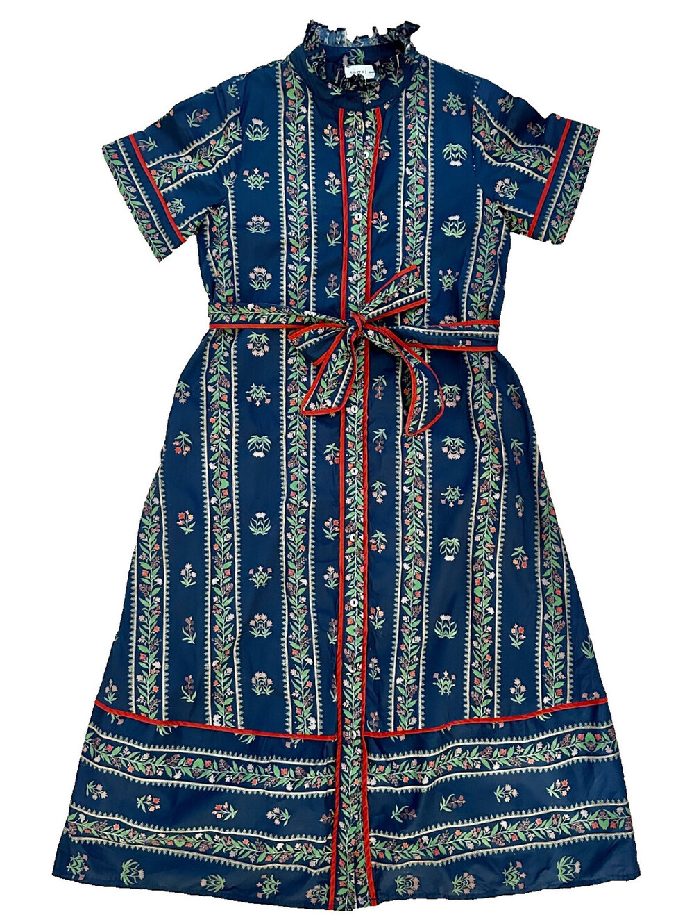 NEW Entro Anthropologie Navy Blue Red Floral Print Maxi Shirt Dress Belted S - Picture 1 of 4